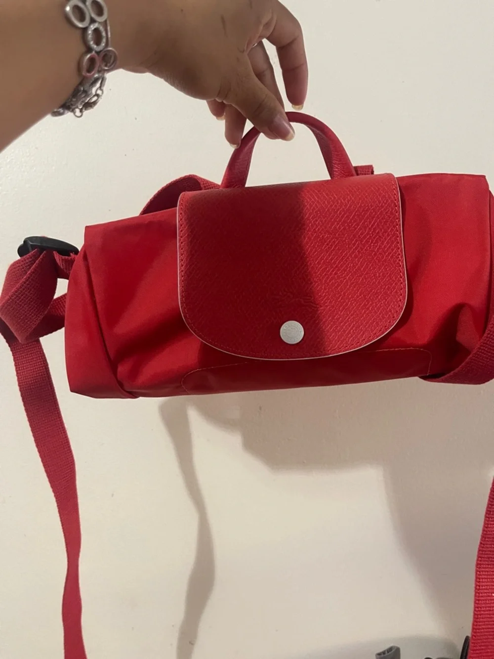 Longchamp Red Nylon Small Backpack with Silver Horse Emblem